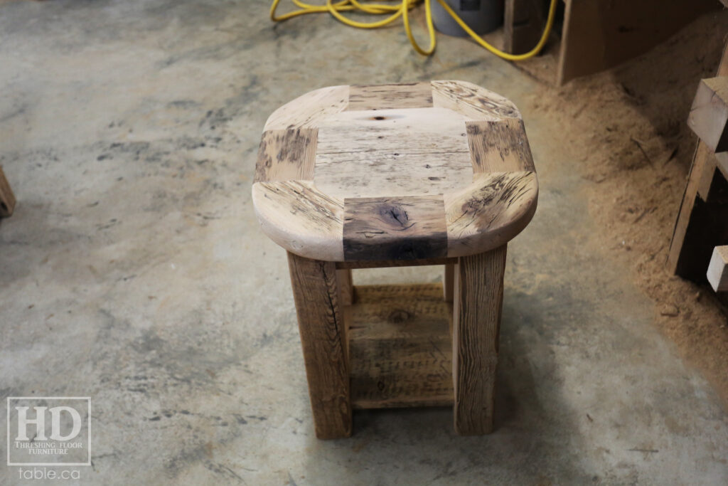 18" x 18" Ontario Barnwood End Table we made for a Toronto home - 22" height - Rounded Bread-edge Corners Option - Straight 3"x3" Windbrace Beam Legs - Bottom 1" Grainery Board Shelf - Reclaimed Old Growth Hemlock Threshing Floor Construction - Original edges & distressing maintained - Premium epoxy + satin polyurethane finish - www.table.ca