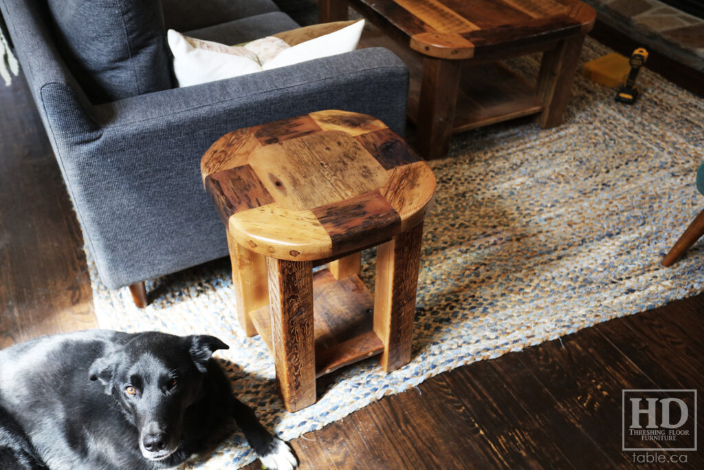 18" x 18" Ontario Barnwood End Table we made for a Toronto home - 22" height - Rounded Bread-edge Corners Option - Straight 3"x3" Windbrace Beam Legs - Bottom 1" Grainery Board Shelf - Reclaimed Old Growth Hemlock Threshing Floor Construction - Original edges & distressing maintained - Premium epoxy + satin polyurethane finish - www.table.ca