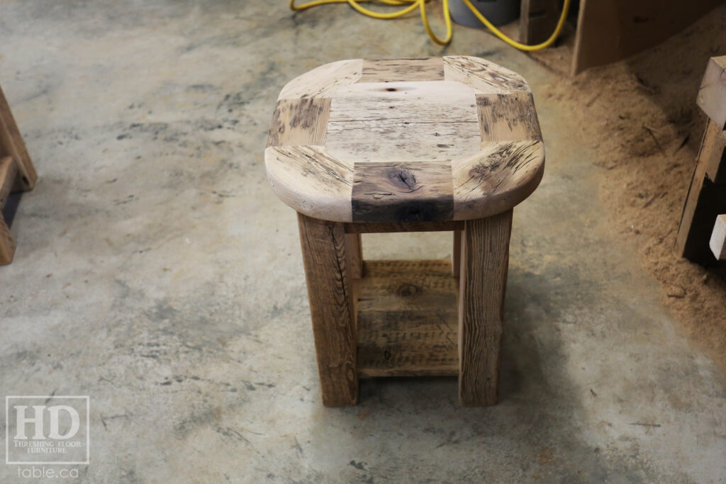 18" x 18" Ontario Barnwood End Table we made for a Toronto home - 22" height - Rounded Bread-edge Corners Option - Straight 3"x3" Windbrace Beam Legs - Bottom 1" Grainery Board Shelf - Reclaimed Old Growth Hemlock Threshing Floor Construction - Original edges & distressing maintained - Premium epoxy + satin polyurethane finish - www.table.ca