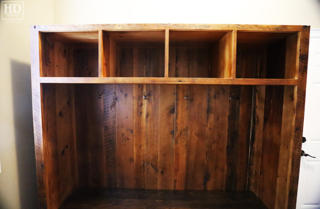 6' Wide Ontario Barnwood Mudroom Hutch - 20" deep - 6.5'  Height - Old Growth Reclaimed Hemlock Threshing Floor & Grainery Board Construction - Original edges & distresing maintained - Black Stain Option Bench Top @ 22" height - Hooks Installed - Premium epoxy + matte polyurethane finish - www.table.ca