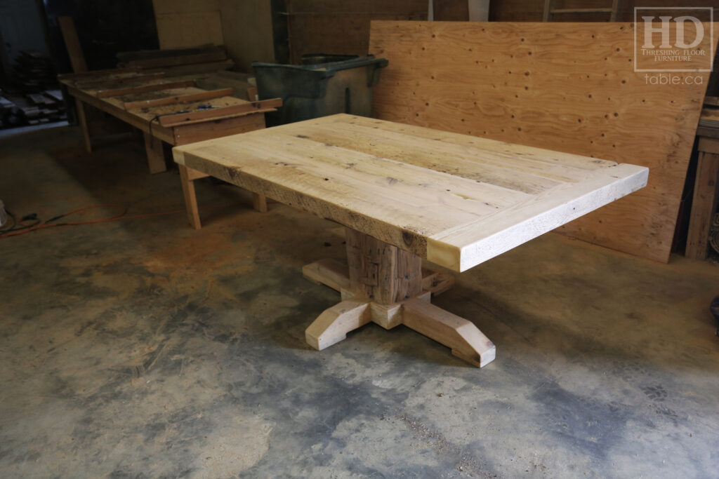 6' Reclaimed Ontario Barnwood Table we recently delivered to a Lynden home - 42" wide - Extra thick 3" Top Option - Pedestal Post Base - Old Growth Hemlock Threshing Floor Construction - Original edges & distressing maintained - Premium epoxy + satin polyurethane finish - www.table.ca