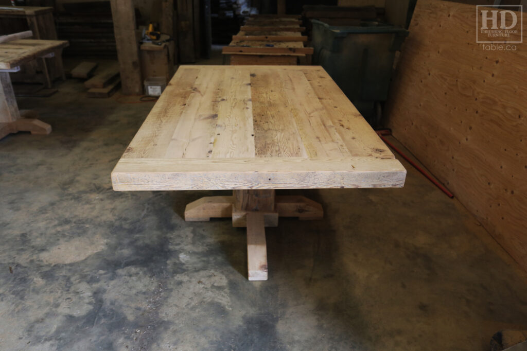 6' Reclaimed Ontario Barnwood Table we recently delivered to a Lynden home - 42" wide - Extra thick 3" Top Option - Pedestal Post Base - Old Growth Hemlock Threshing Floor Construction - Original edges & distressing maintained - Premium epoxy + satin polyurethane finish - www.table.ca