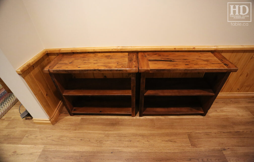 [2] 36" Ontario Barnwood Shelving Units we recently delivered to a Muskoka cottage - 13" deep - 29 3/4" height - Open Back - +-12" clearance between shelves - Old Growth Hemlock Threshing Floor Construction - Original edges & distressing maintained - Matte polyurethane finish - www.table.ca