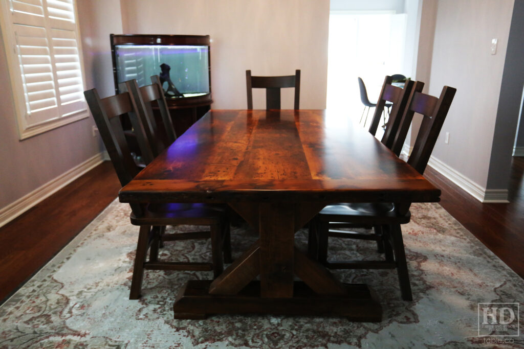 7' Ontario Barnwood Table we delivered last week to a Milton Home - 42" wide - Sawbuck Base / Beam Type Option / No foot rest Option - Old Growth Pine Threshing Floor Construction - Original edges & distressing maintained - Premium epoxy + satin polyurethane finish - Plank Back Chairs / Wormy Maple / Stained Colour of Table / Polyurethane clearcoat finish - www.table.ca
