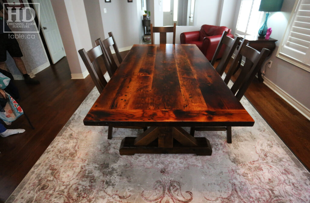 7' Ontario Barnwood Table we delivered last week to a Milton Home - 42" wide - Sawbuck Base / Beam Type Option / No foot rest Option - Old Growth Pine Threshing Floor Construction - Original edges & distressing maintained - Premium epoxy + satin polyurethane finish - Plank Back Chairs / Wormy Maple / Stained Colour of Table / Polyurethane clearcoat finish - www.table.ca