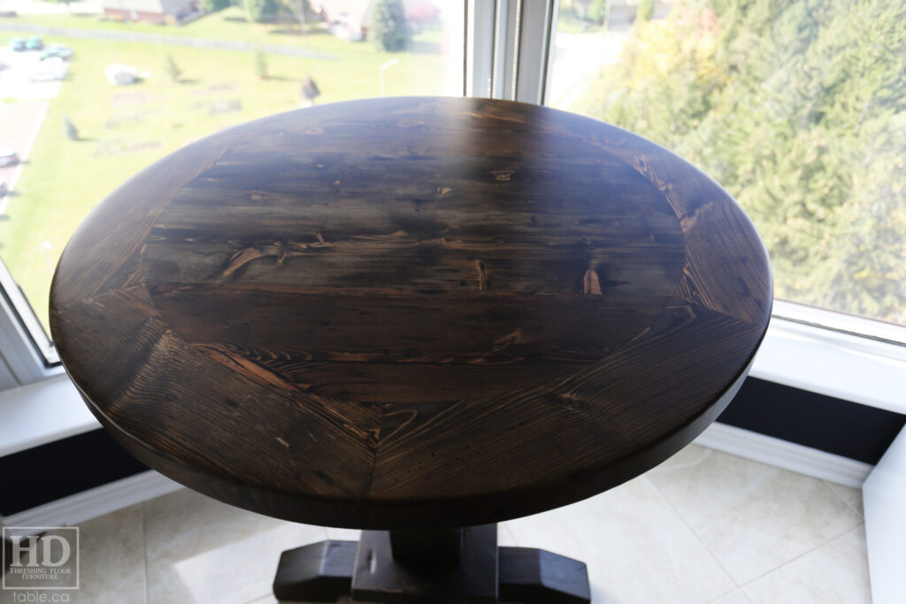 36" Reclaimed Ontario Barnwood Round Table - 42" [bar] height - Old Growth Hemlock Threshing Floor Construction - Beam Base with Foot Rest Option - Black Stain Option - Original edges & distressing maintained - Premium epoxy + matte polyurethane finish - [2] Plank Back Stool / Painted Solid Black / Matte polyurethane clearcoat finish - www.table.ca