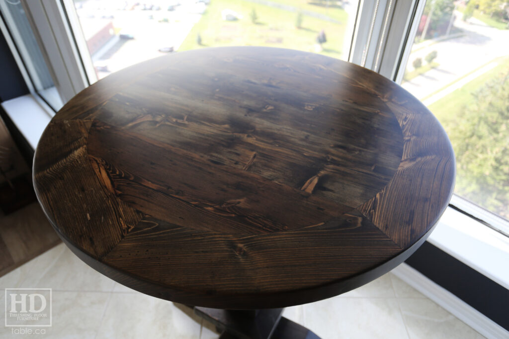 36" Reclaimed Ontario Barnwood Round Table - 42" [bar] height - Old Growth Hemlock Threshing Floor Construction - Beam Base with Foot Rest Option - Black Stain Option - Original edges & distressing maintained - Premium epoxy + matte polyurethane finish - [2] Plank Back Stool / Painted Solid Black / Matte polyurethane clearcoat finish - www.table.ca