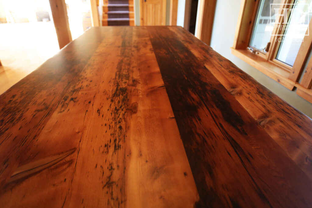 8' Reclaimed Ontario Barnwood Table we made for a Hepworth home - 42" wide - Harvest Base: Tapered with a Notch Windbrace Beam Legs - Old Growth Hemlock Threshing Floor Construction - Original edges & distressing maintained - Premium epoxy + matte polyurethane finish - www.table.ca