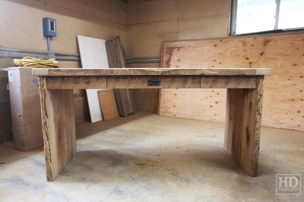 60" Ontario Barnwood Desk we made for a Waterford Office - 24" deep -Drawer - Mission Cast Brass Lee Valley Hardware - Hemlock Threshing Floor & Grainery Board Construction - Original edges & distressing maintained - Premium epoxy + satin polyurethane finish / www.table.ca