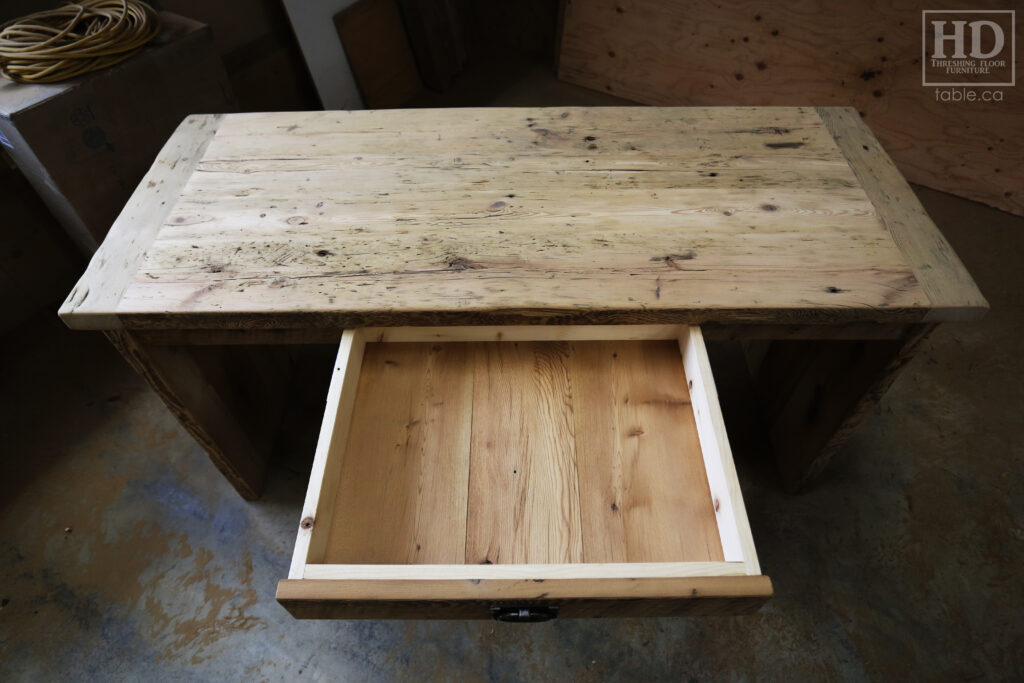 60" Ontario Barnwood Desk we made for a Waterford Office - 24" deep -Drawer - Mission Cast Brass Lee Valley Hardware - Hemlock Threshing Floor & Grainery Board Construction - Original edges & distressing maintained - Premium epoxy + satin polyurethane finish / www.table.ca