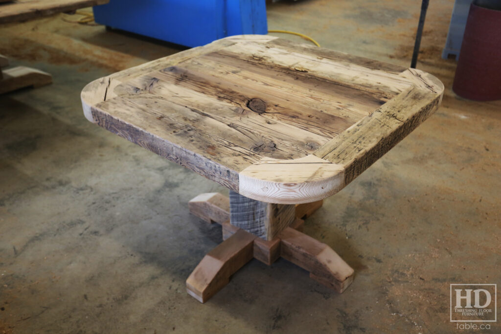 42" Reclaimed Ontario Barnwood Table - 42" wide - Extra thick 3" Joist Material Top Option - Rounded Bread Board Corners Option - Old Growth Hemlock Threshing Floor Construction - Original edges & distressing maintained - www.table.ca