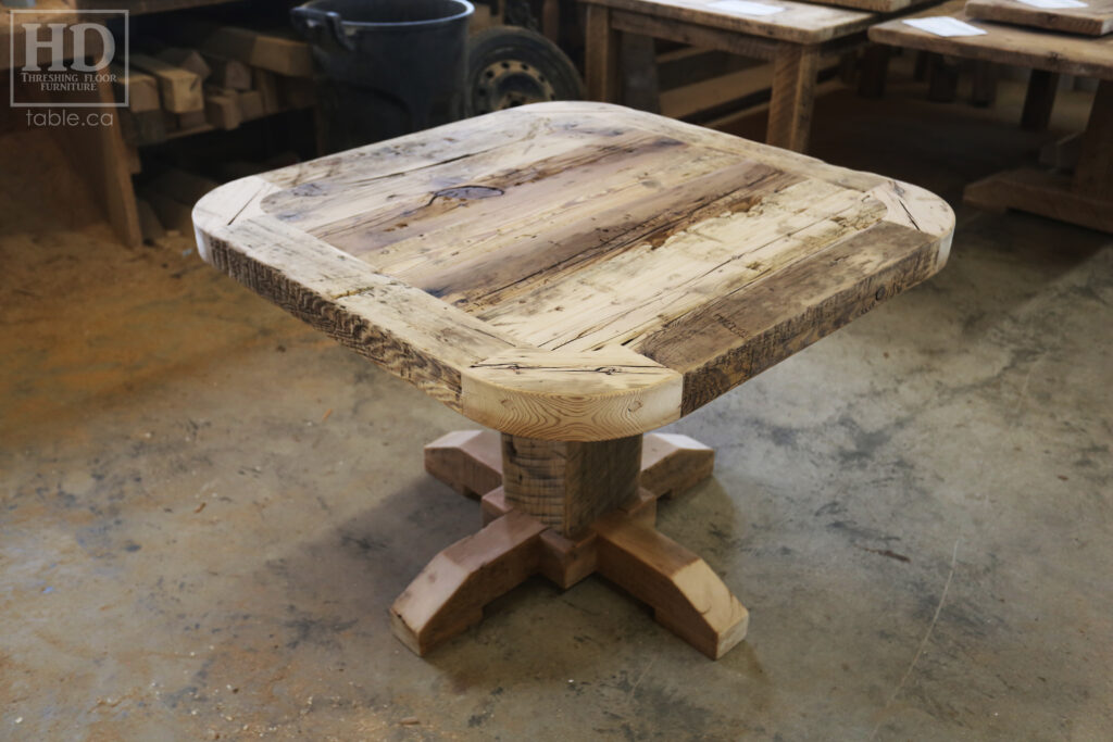 42" Reclaimed Ontario Barnwood Table - 42" wide - Extra thick 3" Joist Material Top Option - Rounded Bread Board Corners Option - Old Growth Hemlock Threshing Floor Construction - Original edges & distressing maintained - www.table.ca