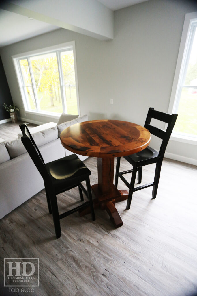 36" Recaimed Ontario Barnwood Round we made for a Mount Forest, Ontario Home - 42" [Bar] Height / Foot Rest - Hemlock Threshing Floor Construction - Original edges & distressing maintained - Premium epoxy + satin polyurethane finish - www.table.ca
