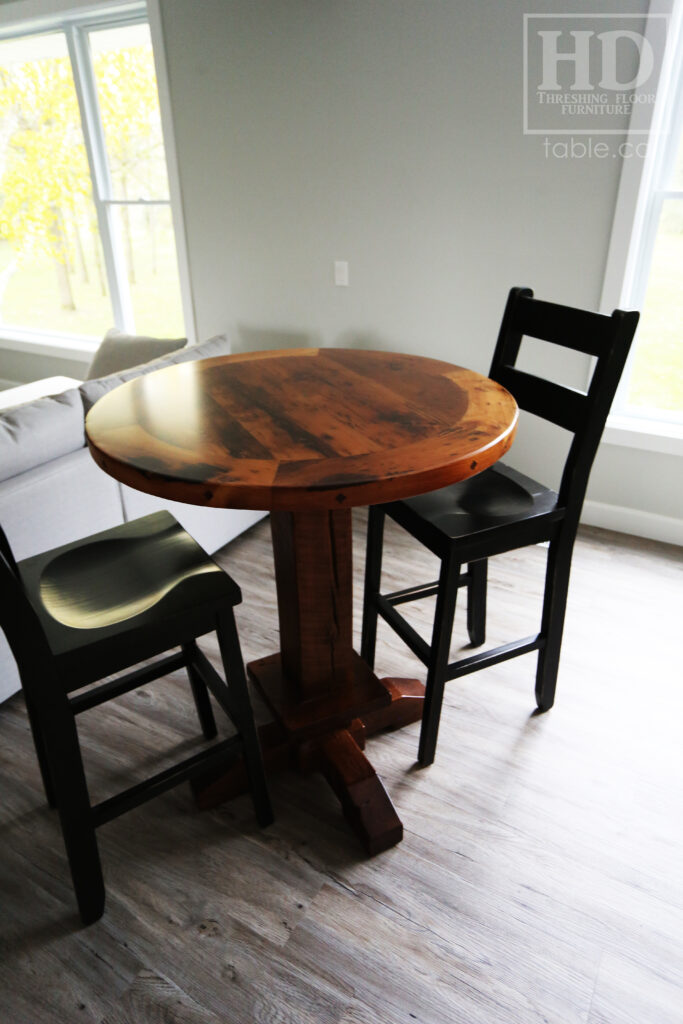 36" Recaimed Ontario Barnwood Round we made for a Mount Forest, Ontario Home - 42" [Bar] Height / Foot Rest - Hemlock Threshing Floor Construction - Original edges & distressing maintained - Premium epoxy + satin polyurethane finish - www.table.ca
