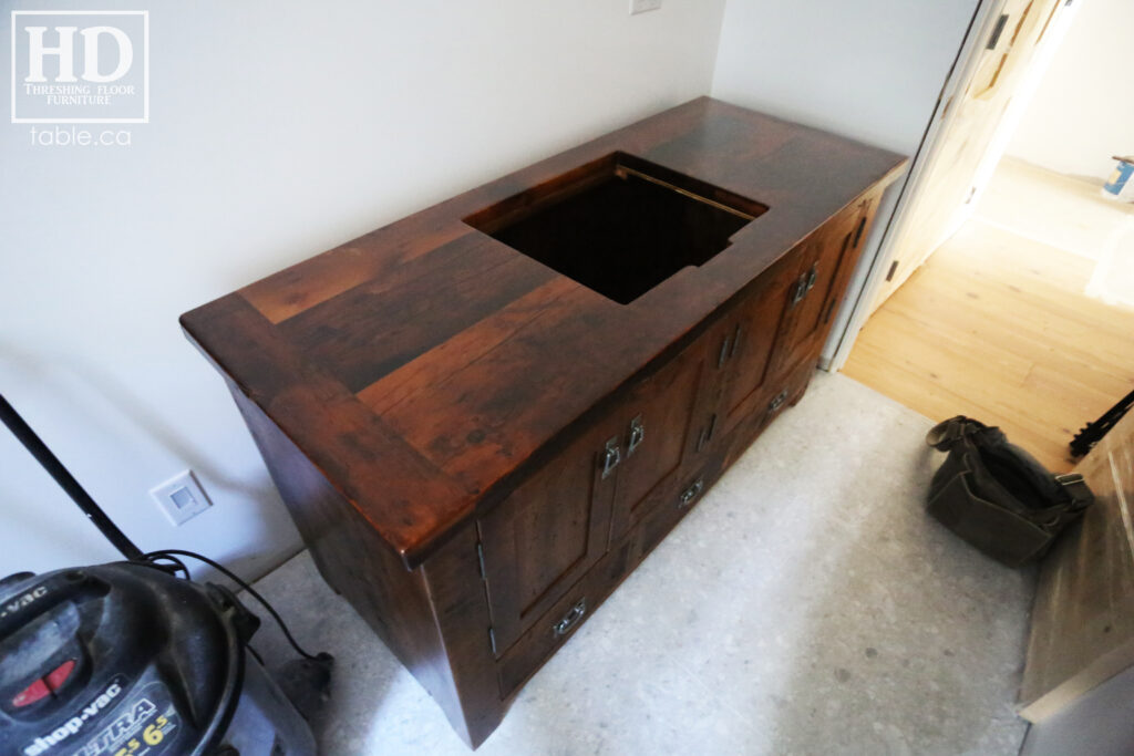 60" Ontario Barnwood Vanity we made for a Haliburton Cottage - 24" deep - 4 Dorrs / 3 Bottom Drawers - Reclaimed Old Growth Pine Threshing Floor + Grainery Board Construction - Original edges + distressing maintained - Lee Valley Hardware - Premium epoxy + satin polyurethane finish - www.table.ca