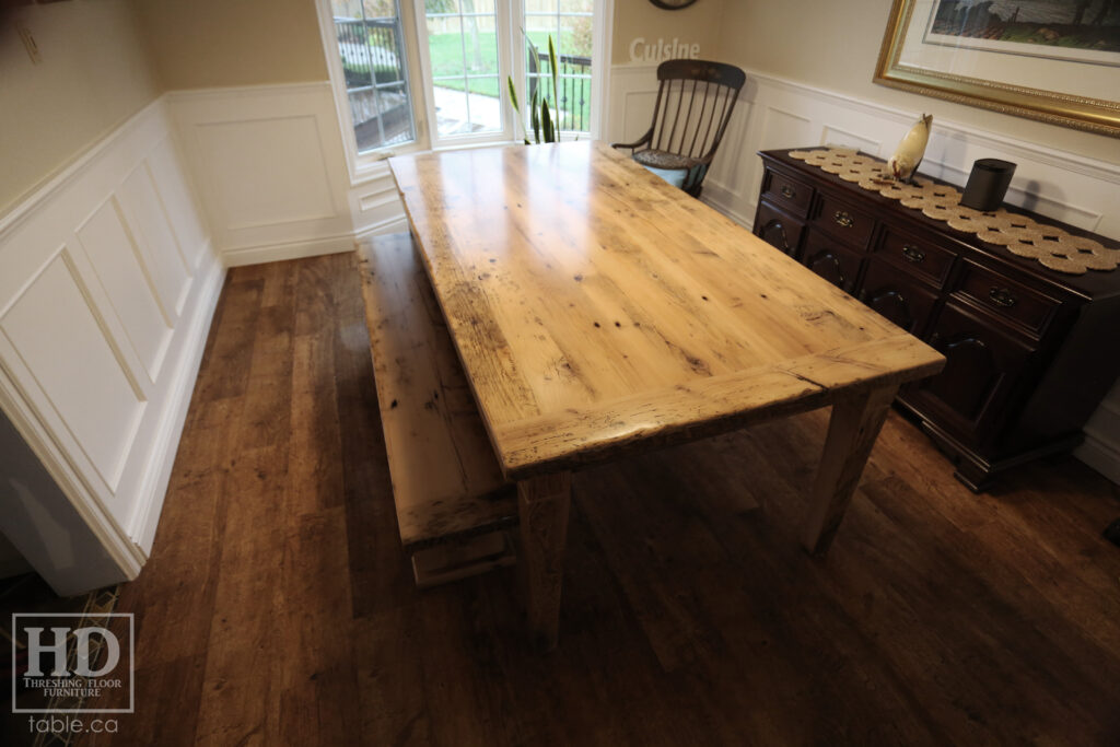 7' Reclaimed Ontario Barnwood Table we made for a Whitby home - 42" wide - Harvest Base: Tapered with a Notch Windbrace Beam Legs - Old Growth Hemlock Threshing Floor Construction - Original edges & distressing maintained - Premium epoxy + matte polyurethane finish - Greytone Option - 6' [matching] Trestle Bench - www.table.ca