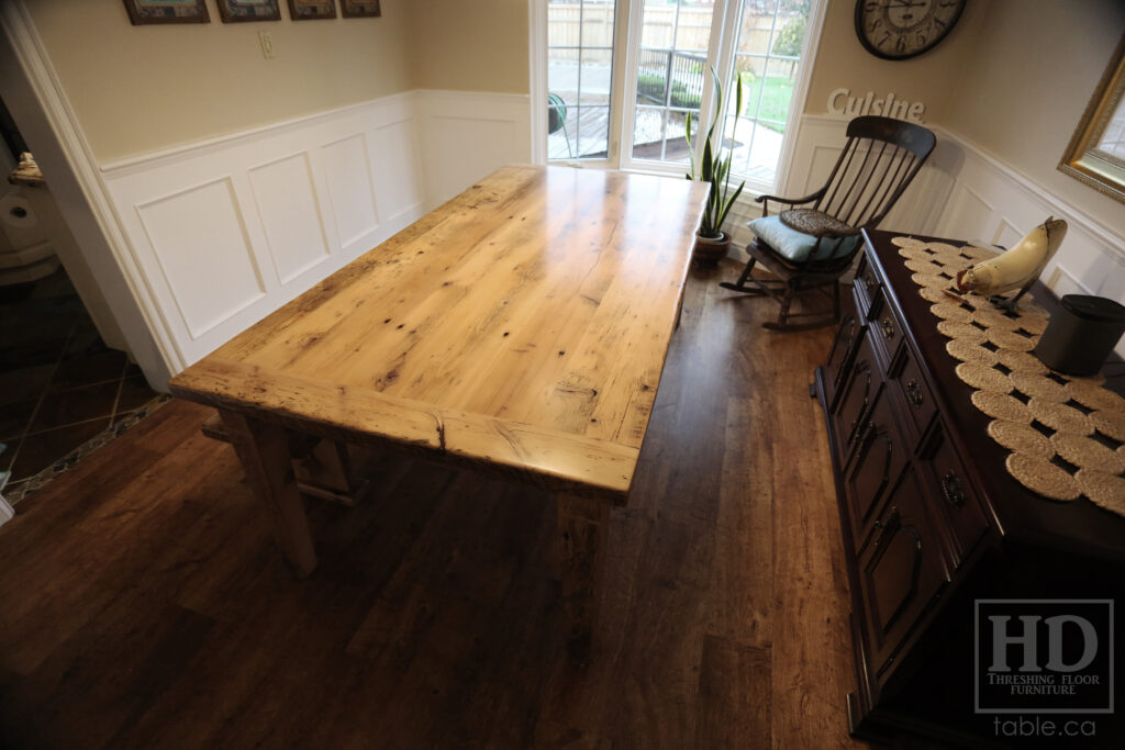 7' Reclaimed Ontario Barnwood Table we made for a Whitby home - 42" wide - Harvest Base: Tapered with a Notch Windbrace Beam Legs - Old Growth Hemlock Threshing Floor Construction - Original edges & distressing maintained - Premium epoxy + matte polyurethane finish - Greytone Option - 6' [matching] Trestle Bench - www.table.ca