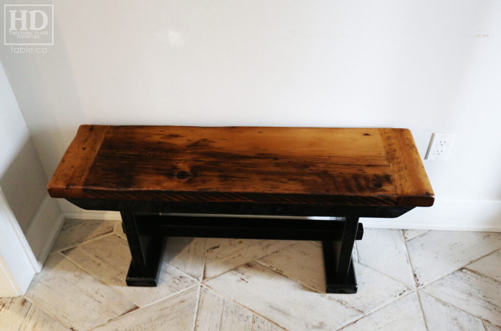42" Ontario Barnwood Bench we made for a Parry Sound home - Trestle Base - Old Growth Hemlock Threshing Board Construction - Original edges & distressing maintained - Premium epoxy + satin polyurethane finish - www.table.ca