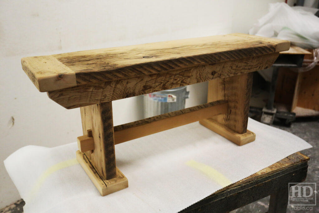 42" Ontario Barnwood Bench we made for a Parry Sound home - Trestle Base - Old Growth Hemlock Threshing Board Construction - Original edges & distressing maintained - Premium epoxy + satin polyurethane finish - www.table.ca