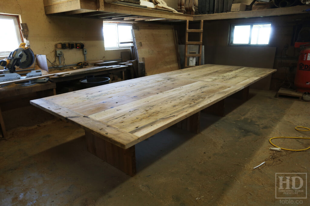 16' Ontario Barnwood Boardroom Table we made for an Alliston company - 6' wide - 3" Joists Plank Base - Old Growth Hemlock Threshing Floor Construction - Original edges & distressing maintained - 2 cutouts for electrical - Premium epoxy + satin polyurethane finish - Onsite centre final doweling - www.table.ca