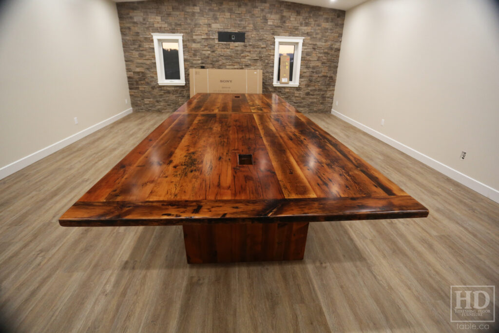 16' Ontario Barnwood Boardroom Table we made for an Alliston company - 6' wide - 3" Joists Plank Base - Old Growth Hemlock Threshing Floor Construction - Original edges & distressing maintained - 2 cutouts for electrical - Premium epoxy + satin polyurethane finish - Onsite centre final doweling - www.table.ca