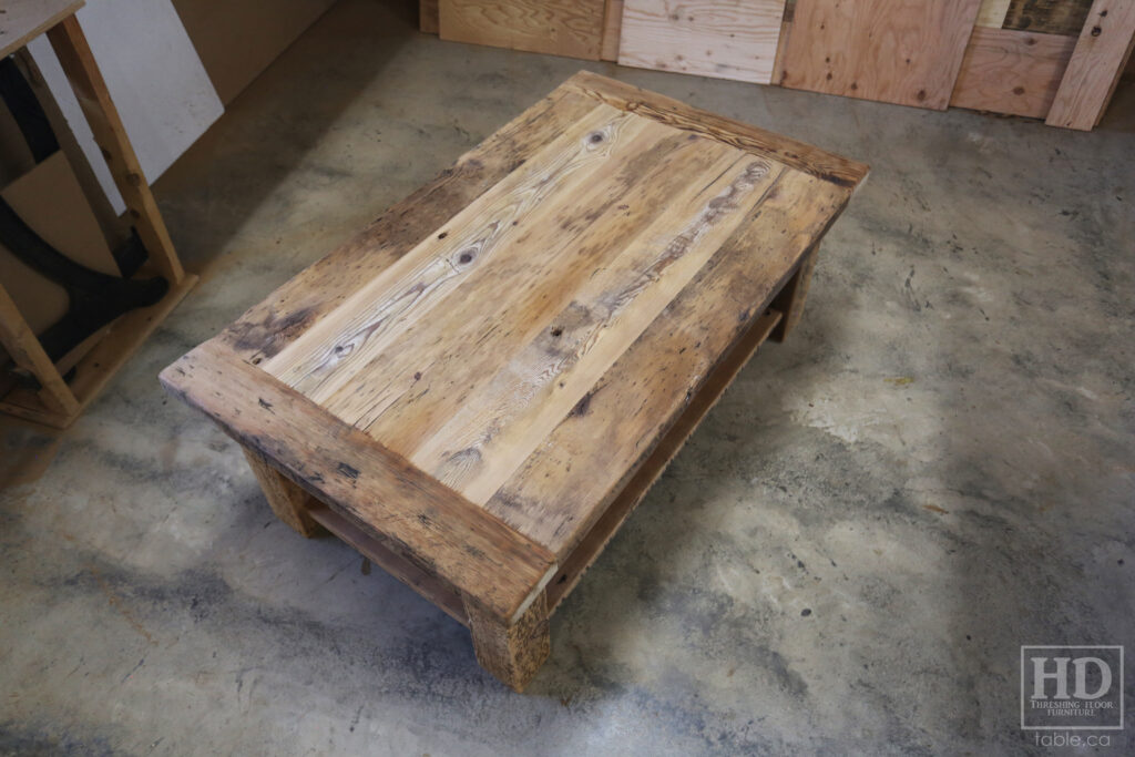 30" x 50" Ontario Barnwood Coffee Table we made for a Thornhill home - 18" height - Straight 4"x4" Windbrace Beam Legs - Bottom 1" Grainery Board Shelf - Hemlock Threshing Floor 2" Top - Original edges & distressing maintained - Premium epoxy + matte polyurethane finish / www.table.ca