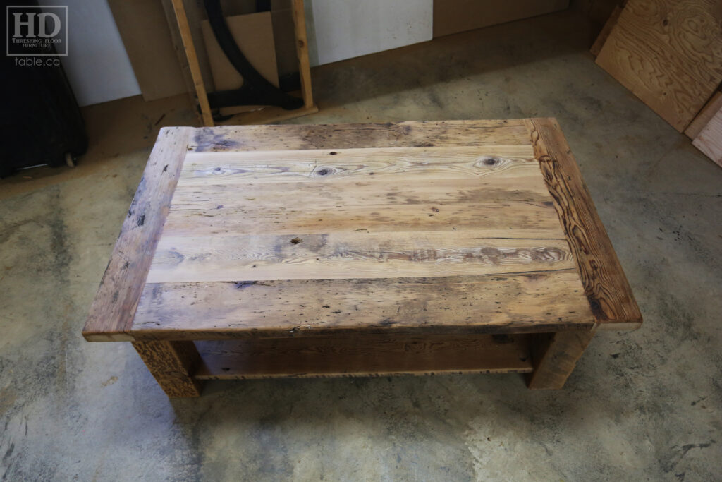 30" x 50" Ontario Barnwood Coffee Table we made for a Thornhill home - 18" height - Straight 4"x4" Windbrace Beam Legs - Bottom 1" Grainery Board Shelf - Hemlock Threshing Floor 2" Top - Original edges & distressing maintained - Premium epoxy + matte polyurethane finish / www.table.ca