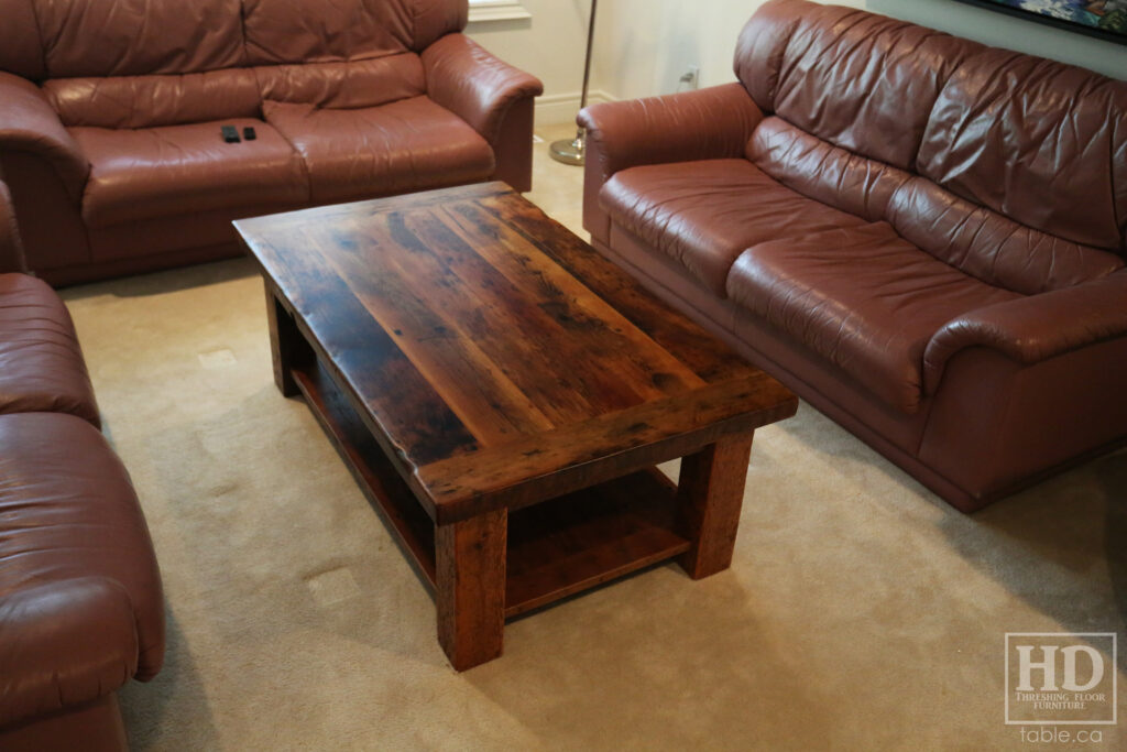 30" x 50" Ontario Barnwood Coffee Table we made for a Thornhill home - 18" height - Straight 4"x4" Windbrace Beam Legs - Bottom 1" Grainery Board Shelf - Hemlock Threshing Floor 2" Top - Original edges & distressing maintained - Premium epoxy + matte polyurethane finish / www.table.ca
