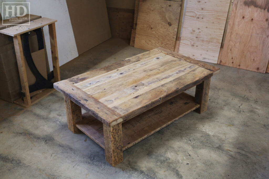 30" x 50" Ontario Barnwood Coffee Table we made for a Thornhill home - 18" height - Straight 4"x4" Windbrace Beam Legs - Bottom 1" Grainery Board Shelf - Hemlock Threshing Floor 2" Top - Original edges & distressing maintained - Premium epoxy + matte polyurethane finish / www.table.ca