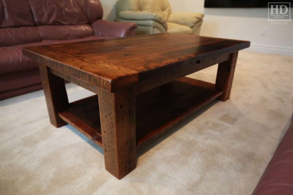 30" x 50" Ontario Barnwood Coffee Table we made for a Thornhill home - 18" height - Straight 4"x4" Windbrace Beam Legs - Bottom 1" Grainery Board Shelf - Hemlock Threshing Floor 2" Top - Original edges & distressing maintained - Premium epoxy + matte polyurethane finish / www.table.ca