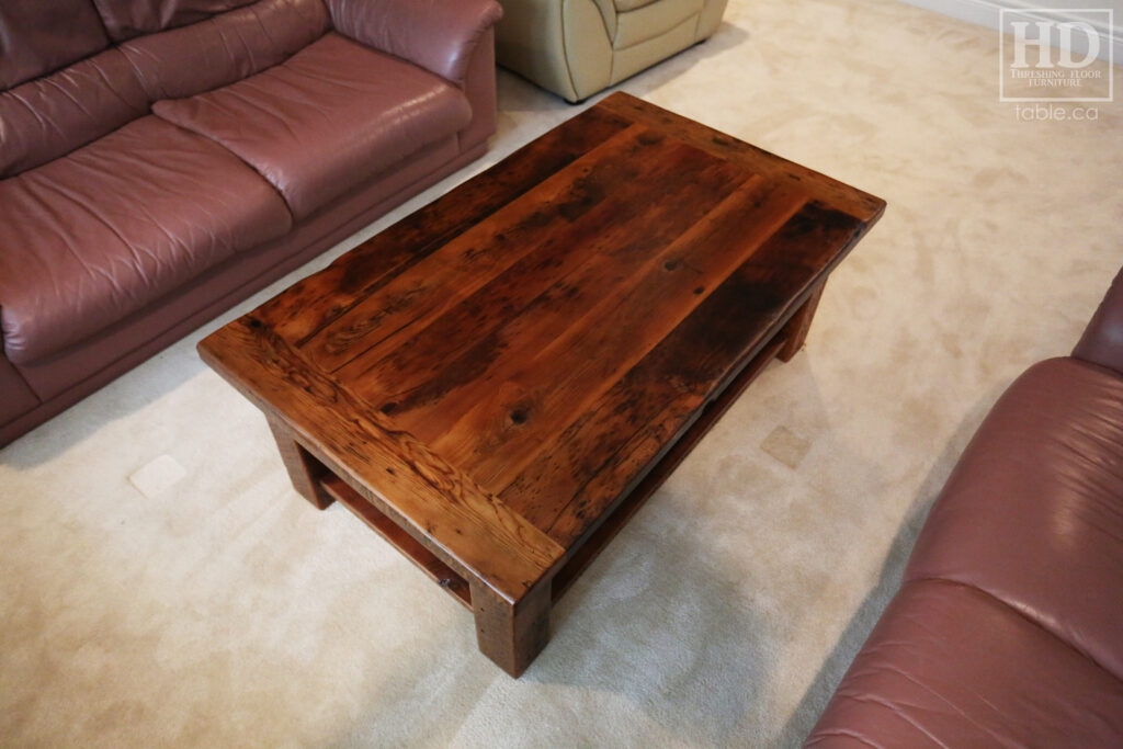 30" x 50" Ontario Barnwood Coffee Table we made for a Thornhill home - 18" height - Straight 4"x4" Windbrace Beam Legs - Bottom 1" Grainery Board Shelf - Hemlock Threshing Floor 2" Top - Original edges & distressing maintained - Premium epoxy + matte polyurethane finish / www.table.ca