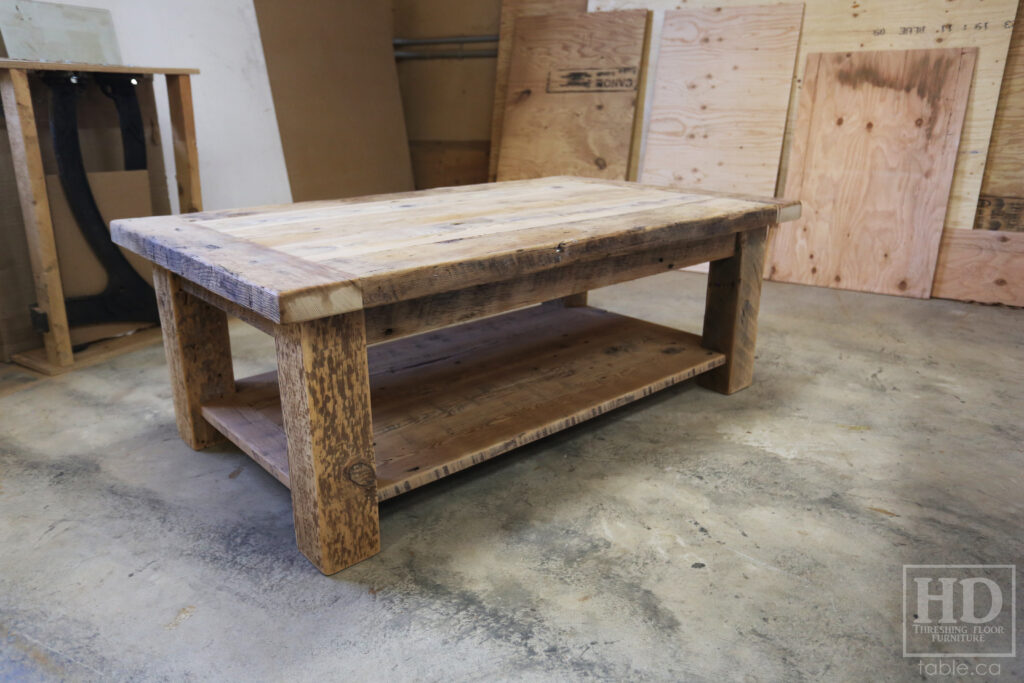 30" x 50" Ontario Barnwood Coffee Table we made for a Thornhill home - 18" height - Straight 4"x4" Windbrace Beam Legs - Bottom 1" Grainery Board Shelf - Hemlock Threshing Floor 2" Top - Original edges & distressing maintained - Premium epoxy + matte polyurethane finish / www.table.ca