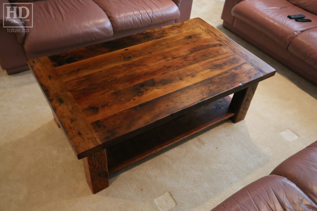 30" x 50" Ontario Barnwood Coffee Table we made for a Thornhill home - 18" height - Straight 4"x4" Windbrace Beam Legs - Bottom 1" Grainery Board Shelf - Hemlock Threshing Floor 2" Top - Original edges & distressing maintained - Premium epoxy + matte polyurethane finish / www.table.ca