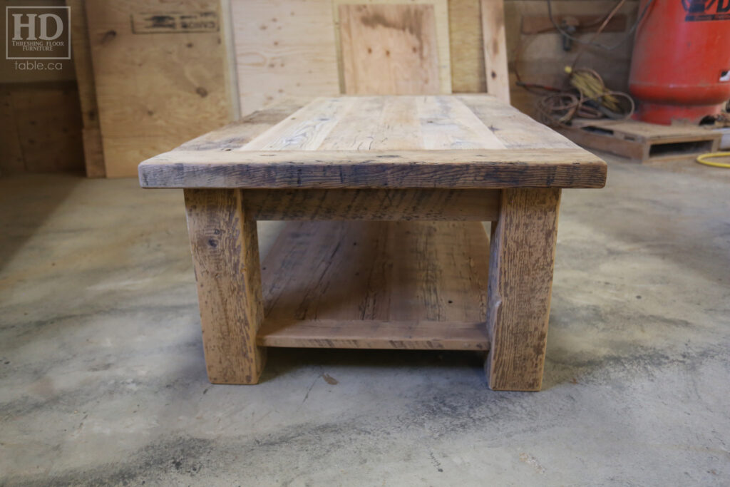 30" x 50" Ontario Barnwood Coffee Table we made for a Thornhill home - 18" height - Straight 4"x4" Windbrace Beam Legs - Bottom 1" Grainery Board Shelf - Hemlock Threshing Floor 2" Top - Original edges & distressing maintained - Premium epoxy + matte polyurethane finish / www.table.ca