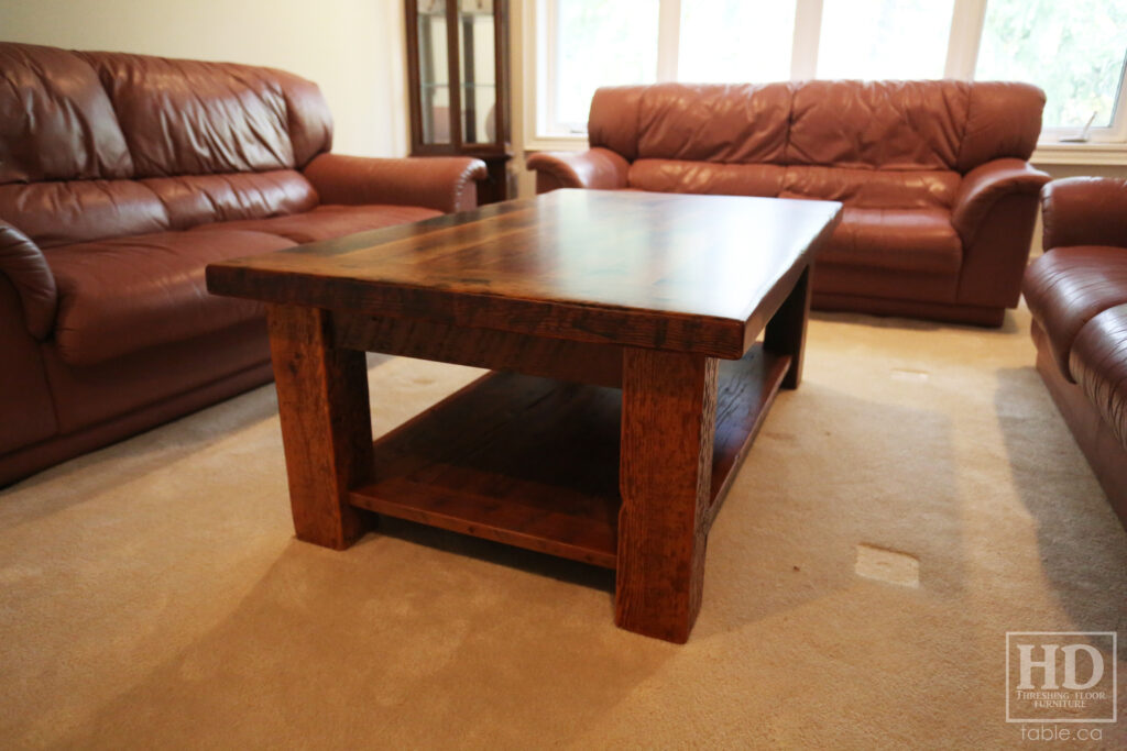 30" x 50" Ontario Barnwood Coffee Table we made for a Thornhill home - 18" height - Straight 4"x4" Windbrace Beam Legs - Bottom 1" Grainery Board Shelf - Hemlock Threshing Floor 2" Top - Original edges & distressing maintained - Premium epoxy + matte polyurethane finish / www.table.ca