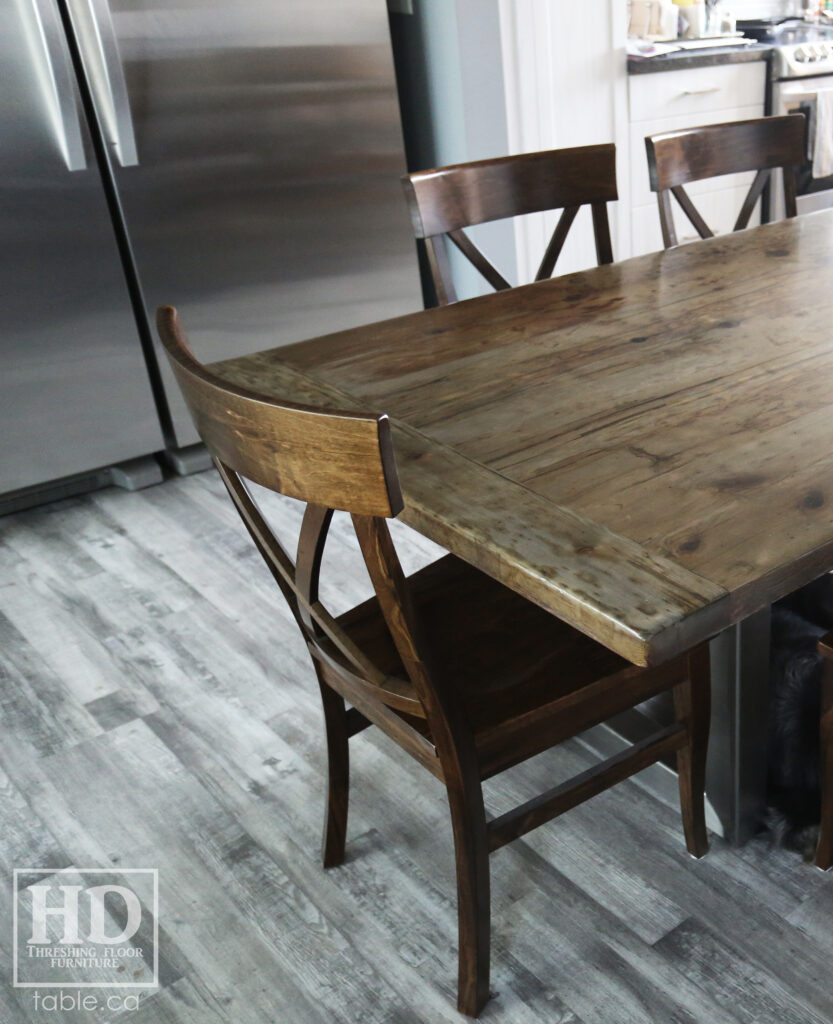7' Reclaimed Ontario Barnwood Metal Base Table we made for an Oshawa Home - U Shaped Stainless Steel Base - Old Growth Hemlock Threshing Floor Construction - Original edges & distressing maintained - Barnboard Grey Option - Premium epoxy + satin polyurethane finish - X Back Chairs / Wormy Maple - www.table.ca