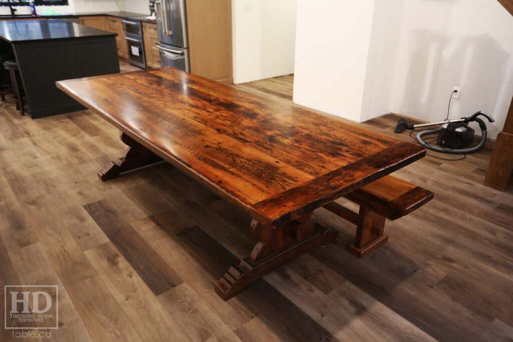 9' Reclaimed Ontario Barnwood Table we recently delivered to Coldwater home - 42" wide - Trestle Base [Violin Shaped Profile] - Old Growth Hemlock Threshing Floor Construction - Original edges & distressing maintained - Premium epoxy + satin polyurethane finish - 9' [matching] Trestle Bench -  www.table.ca