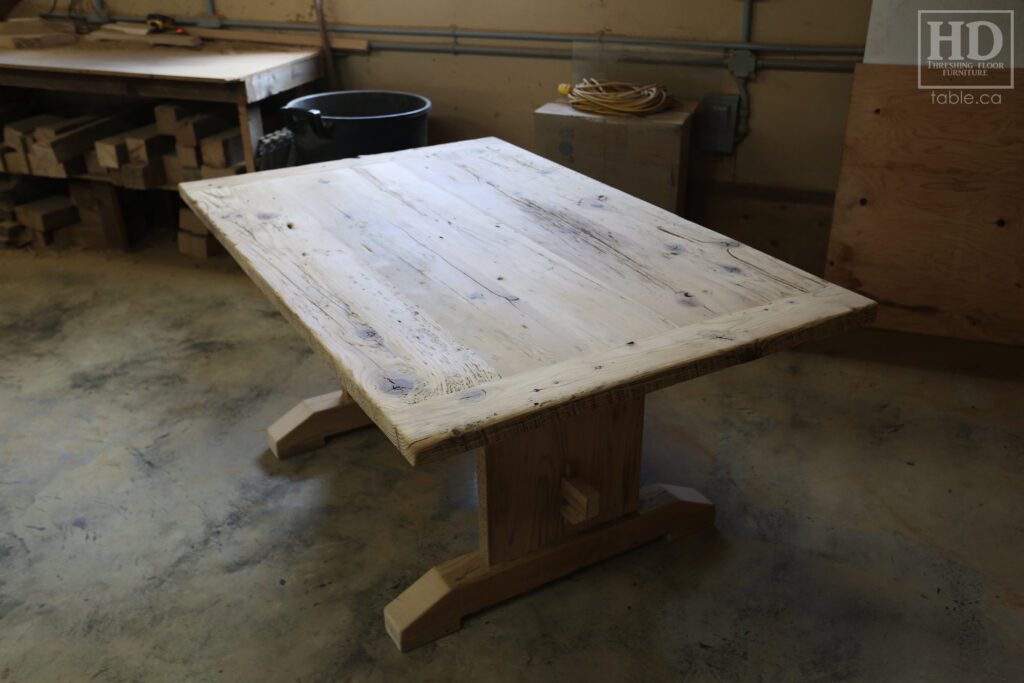 5.5' Ontario Barnwood Trestle Table we made for a Mississauga home - 42" wide - Trestle Base - Old Growth Reclaimed Hemlock Threshing Floor Construction - Original edges & distressing maintained - Premium epoxy + satin polyurethane finish - www.table.ca
