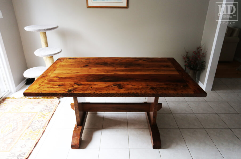 5.5' Ontario Barnwood Trestle Table we made for a Mississauga home - 42" wide - Trestle Base - Old Growth Reclaimed Hemlock Threshing Floor Construction - Original edges & distressing maintained - Premium epoxy + satin polyurethane finish - www.table.ca
