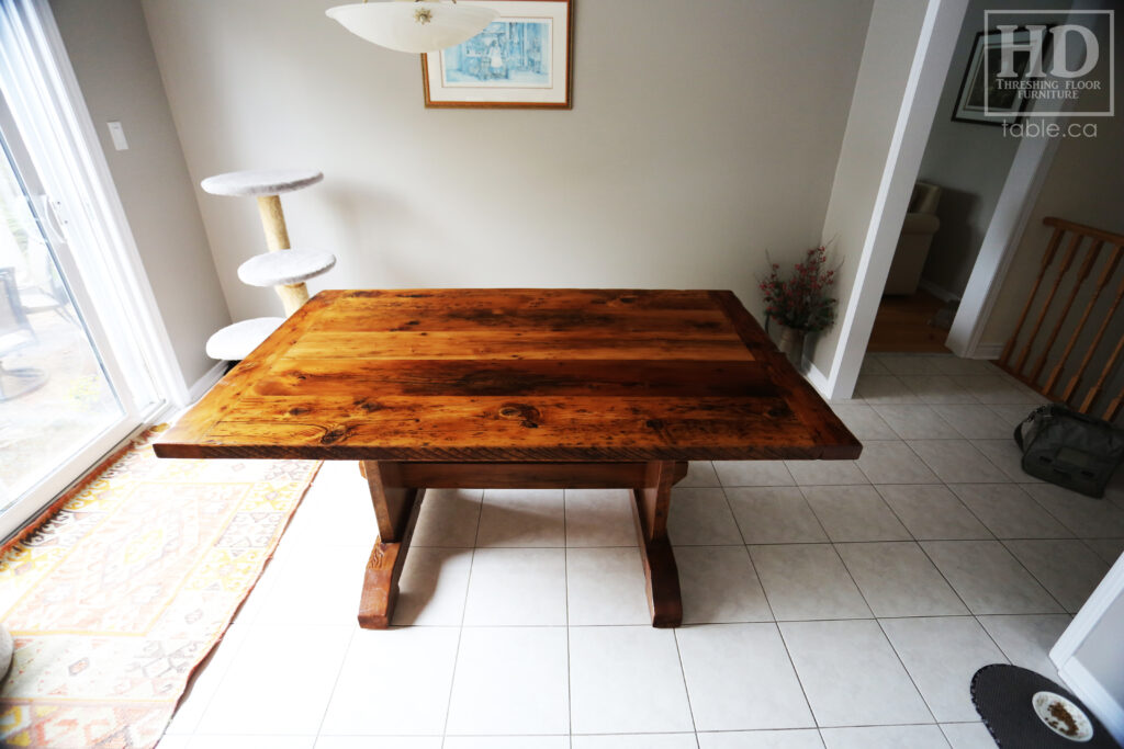 5.5' Ontario Barnwood Trestle Table we made for a Mississauga home - 42" wide - Trestle Base - Old Growth Reclaimed Hemlock Threshing Floor Construction - Original edges & distressing maintained - Premium epoxy + satin polyurethane finish - www.table.ca