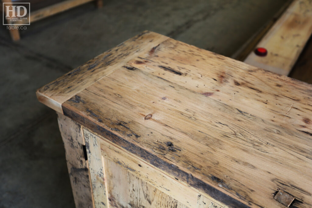 5' Ontario Barnwood Buffet we made for a Toronto home - 18" deep - 36" height - 2 Outside Doors / Centre Wine Rack - Adjustable Shelving Inside - Reclaimed Old Growth Hemlock Threshing Floor + Grainery Board Construction - Original edges + distressing kept - Lee Valley Hardware - Premium epoxy + matte polyurethane finish - www.table.ca