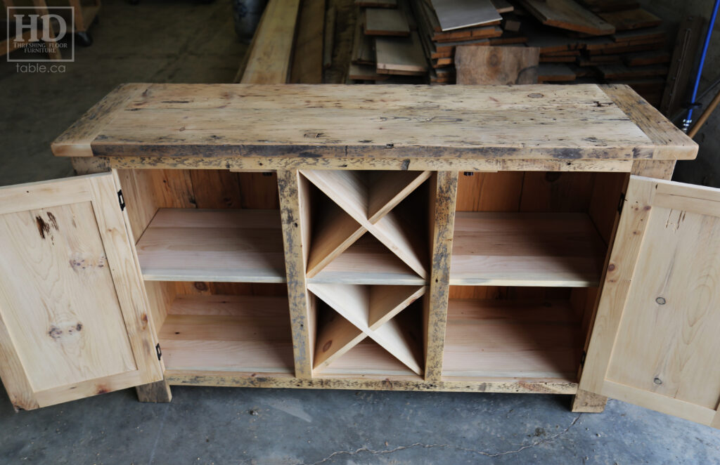 5' Ontario Barnwood Buffet we made for a Toronto home - 18" deep - 36" height - 2 Outside Doors / Centre Wine Rack - Adjustable Shelving Inside - Reclaimed Old Growth Hemlock Threshing Floor + Grainery Board Construction - Original edges + distressing kept - Lee Valley Hardware - Premium epoxy + matte polyurethane finish - www.table.ca