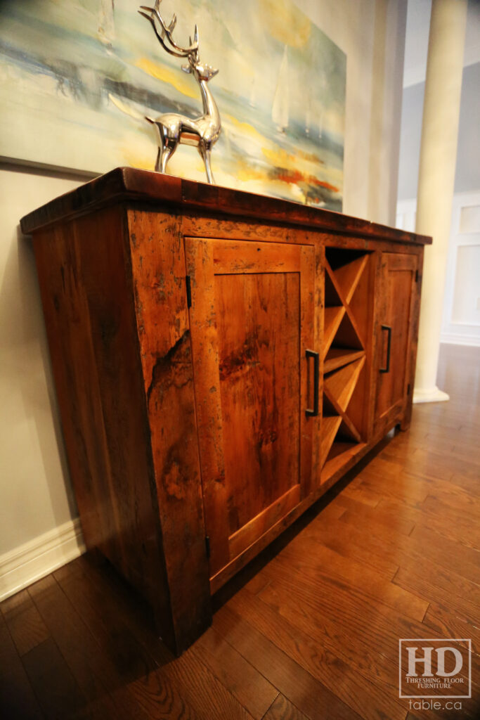 5' Ontario Barnwood Buffet we made for a Toronto home - 18" deep - 36" height - 2 Outside Doors / Centre Wine Rack - Adjustable Shelving Inside - Reclaimed Old Growth Hemlock Threshing Floor + Grainery Board Construction - Original edges + distressing kept - Lee Valley Hardware - Premium epoxy + matte polyurethane finish - www.table.ca