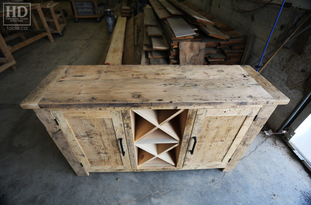 5' Ontario Barnwood Buffet we made for a Toronto home - 18" deep - 36" height - 2 Outside Doors / Centre Wine Rack - Adjustable Shelving Inside - Reclaimed Old Growth Hemlock Threshing Floor + Grainery Board Construction - Original edges + distressing kept - Lee Valley Hardware - Premium epoxy + matte polyurethane finish - www.table.ca