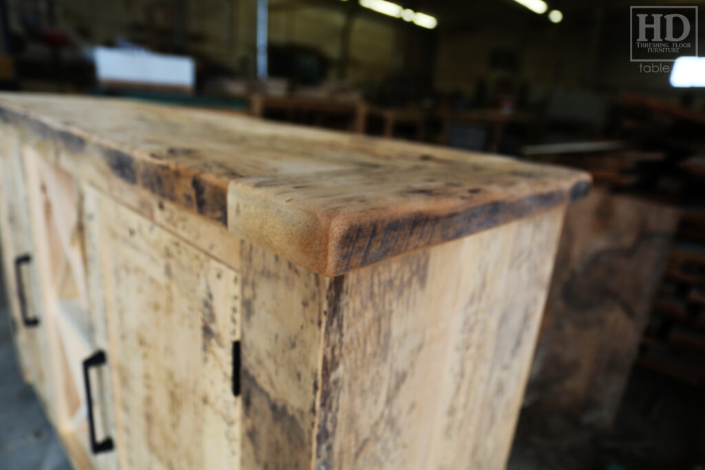 5' Ontario Barnwood Buffet we made for a Toronto home - 18" deep - 36" height - 2 Outside Doors / Centre Wine Rack - Adjustable Shelving Inside - Reclaimed Old Growth Hemlock Threshing Floor + Grainery Board Construction - Original edges + distressing kept - Lee Valley Hardware - Premium epoxy + matte polyurethane finish - www.table.ca