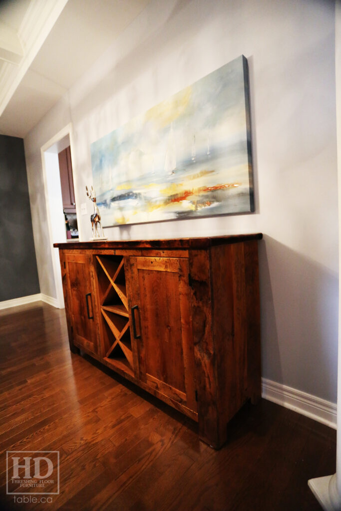 5' Ontario Barnwood Buffet we made for a Toronto home - 18" deep - 36" height - 2 Outside Doors / Centre Wine Rack - Adjustable Shelving Inside - Reclaimed Old Growth Hemlock Threshing Floor + Grainery Board Construction - Original edges + distressing kept - Lee Valley Hardware - Premium epoxy + matte polyurethane finish - www.table.ca