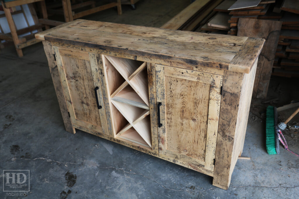 5' Ontario Barnwood Buffet we made for a Toronto home - 18" deep - 36" height - 2 Outside Doors / Centre Wine Rack - Adjustable Shelving Inside - Reclaimed Old Growth Hemlock Threshing Floor + Grainery Board Construction - Original edges + distressing kept - Lee Valley Hardware - Premium epoxy + matte polyurethane finish - www.table.ca