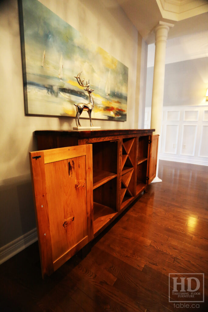 5' Ontario Barnwood Buffet we made for a Toronto home - 18" deep - 36" height - 2 Outside Doors / Centre Wine Rack - Adjustable Shelving Inside - Reclaimed Old Growth Hemlock Threshing Floor + Grainery Board Construction - Original edges + distressing kept - Lee Valley Hardware - Premium epoxy + matte polyurethane finish - www.table.ca