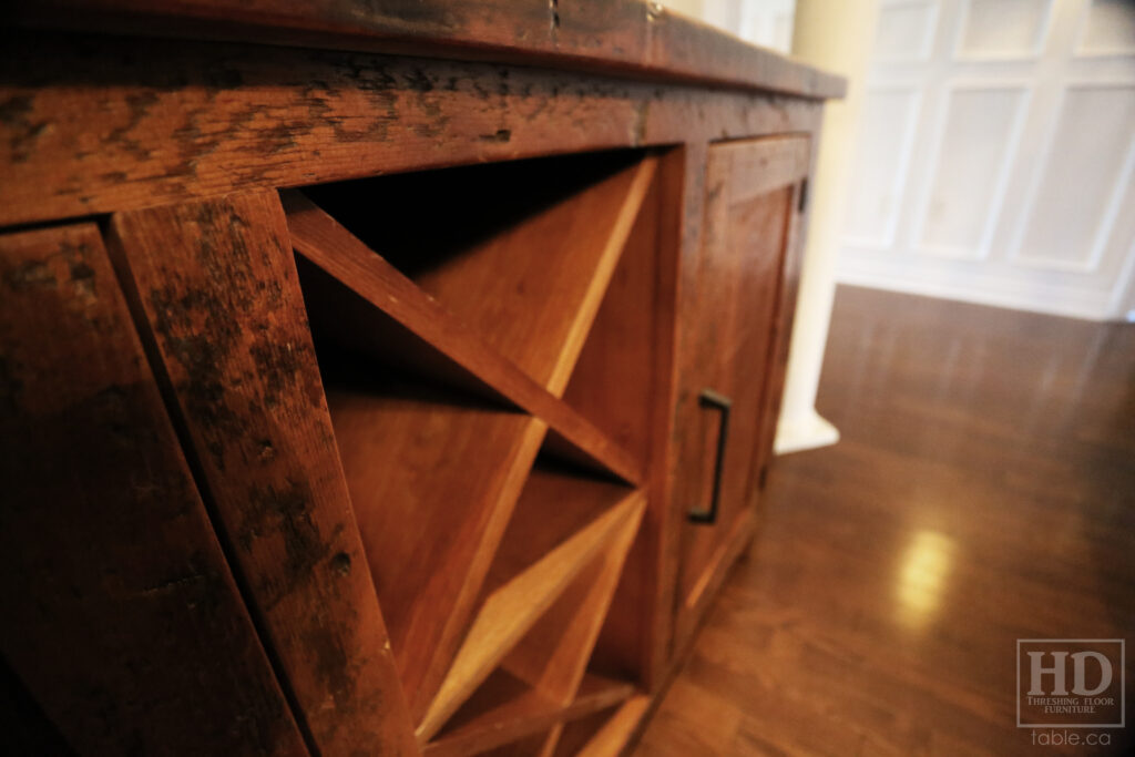 5' Ontario Barnwood Buffet we made for a Toronto home - 18" deep - 36" height - 2 Outside Doors / Centre Wine Rack - Adjustable Shelving Inside - Reclaimed Old Growth Hemlock Threshing Floor + Grainery Board Construction - Original edges + distressing kept - Lee Valley Hardware - Premium epoxy + matte polyurethane finish - www.table.ca