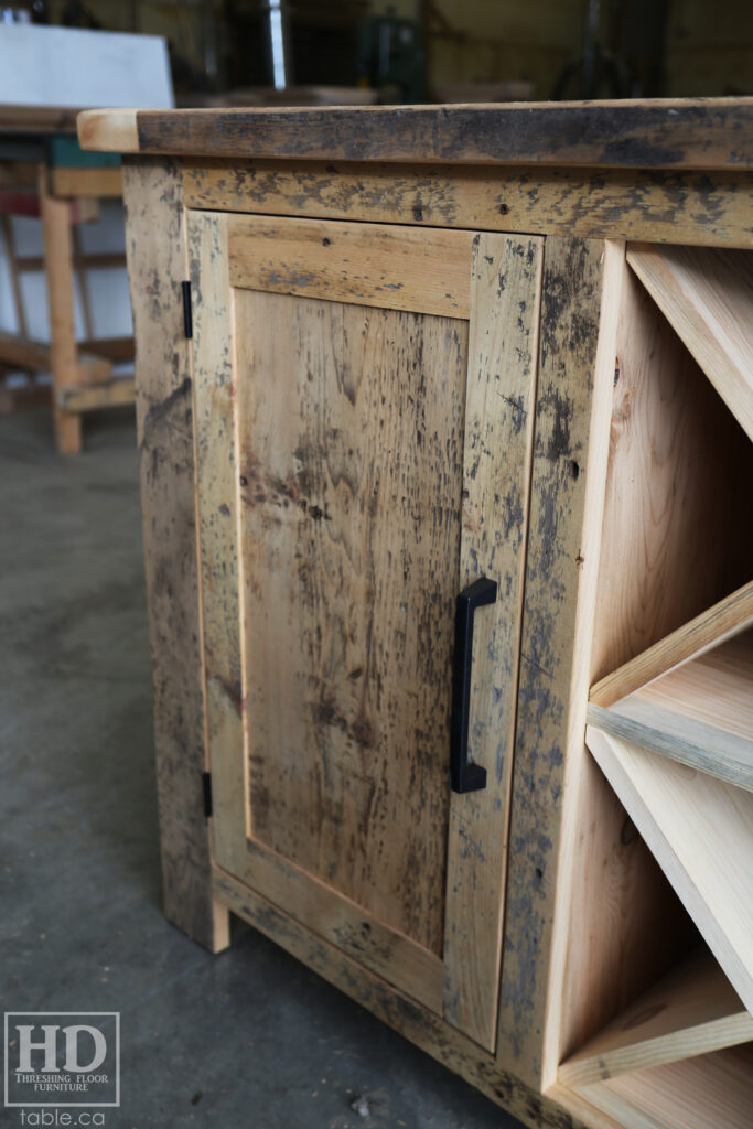 5' Ontario Barnwood Buffet we made for a Toronto home - 18" deep - 36" height - 2 Outside Doors / Centre Wine Rack - Adjustable Shelving Inside - Reclaimed Old Growth Hemlock Threshing Floor + Grainery Board Construction - Original edges + distressing kept - Lee Valley Hardware - Premium epoxy + matte polyurethane finish - www.table.ca